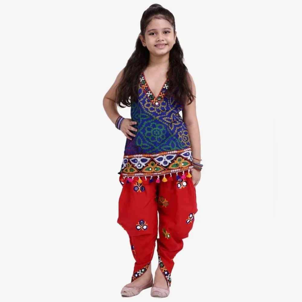 Bownbee bandhani sleeveless top with mirror work emb dhoti style Indian set